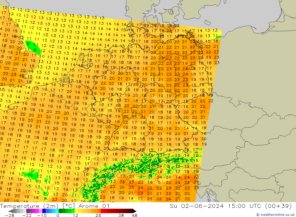 Temperatura (2m) Arome 01 dom 02.06.2024 15 UTC