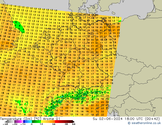Temperatuurkaart (2m) Arome 01 zo 02.06.2024 18 UTC