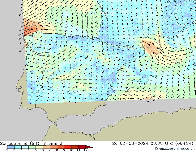Rüzgar 10 m (bft) Arome 01 Paz 02.06.2024 00 UTC