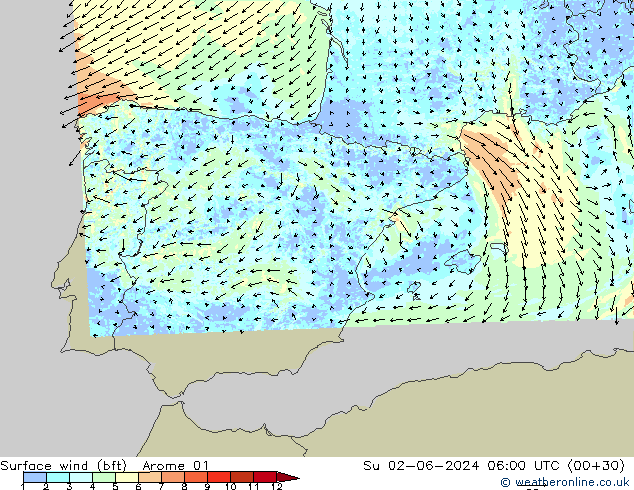 Surface wind (bft) Arome 01 Su 02.06.2024 06 UTC