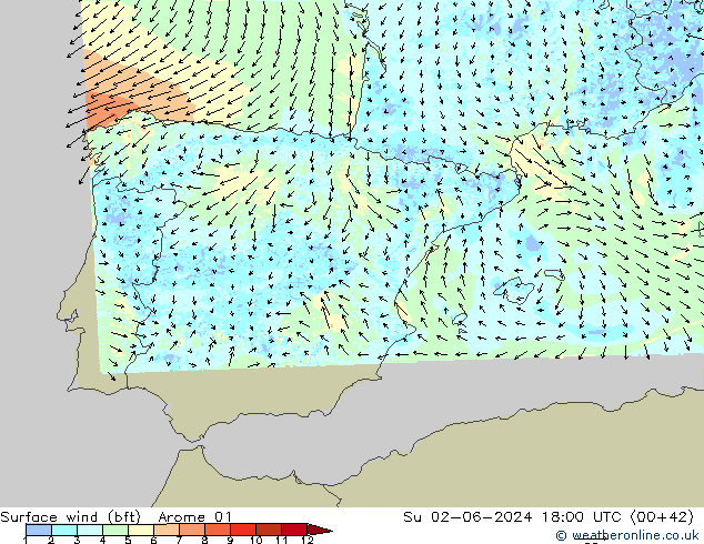 Wind 10 m (bft) Arome 01 zo 02.06.2024 18 UTC