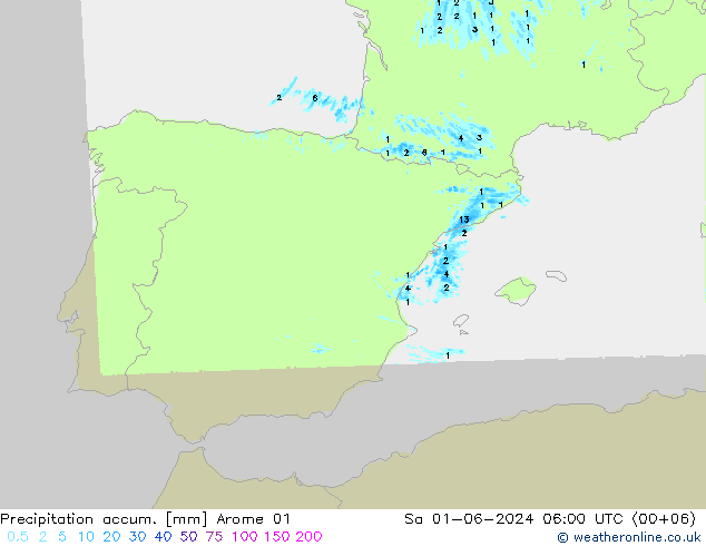 Totale neerslag Arome 01 za 01.06.2024 06 UTC