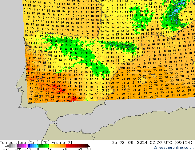 Temperature (2m) Arome 01 Su 02.06.2024 00 UTC