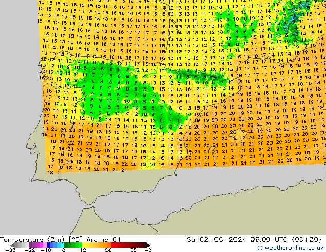 Temperatuurkaart (2m) Arome 01 zo 02.06.2024 06 UTC