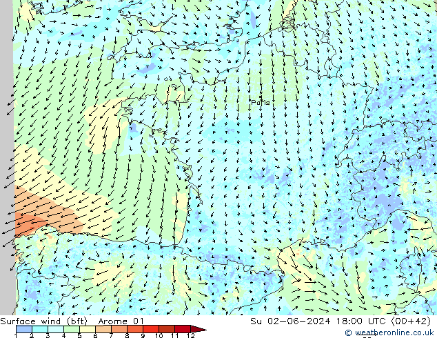 Surface wind (bft) Arome 01 Su 02.06.2024 18 UTC