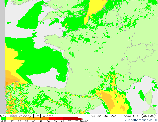 Max. wind velocity Arome 01 Ne 02.06.2024 06 UTC