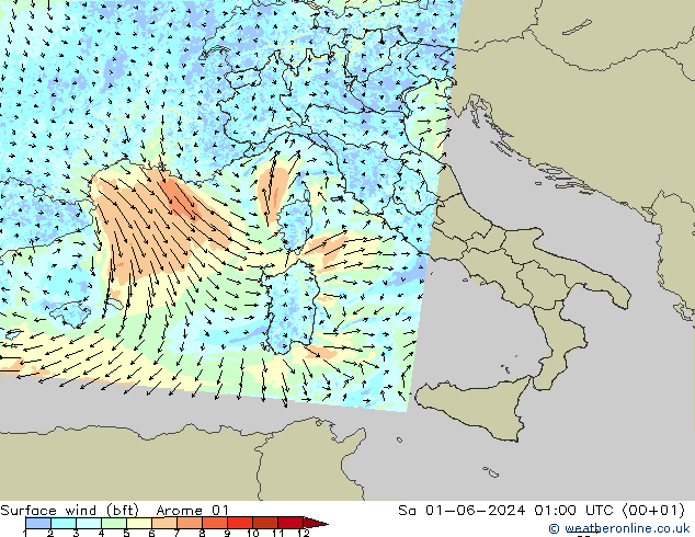 Wind 10 m (bft) Arome 01 za 01.06.2024 01 UTC