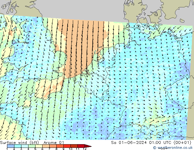 Wind 10 m (bft) Arome 01 za 01.06.2024 01 UTC