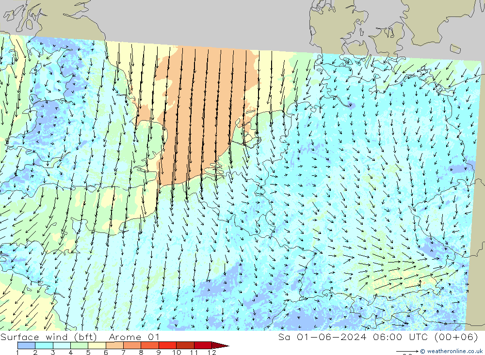 �N 10 米 (bft) Arome 01 星期六 01.06.2024 06 UTC