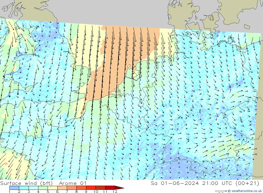 Surface wind (bft) Arome 01 Sa 01.06.2024 21 UTC