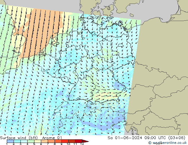 Surface wind (bft) Arome 01 Sa 01.06.2024 09 UTC