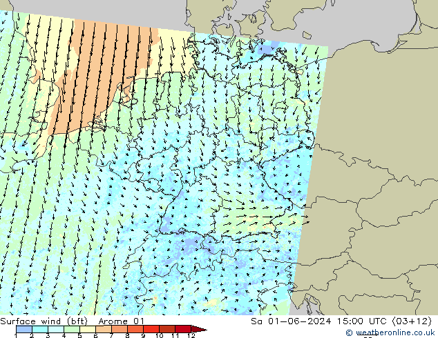 Bodenwind (bft) Arome 01 Sa 01.06.2024 15 UTC