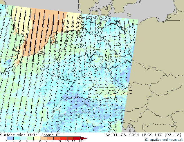 Viento 10 m (bft) Arome 01 sáb 01.06.2024 18 UTC