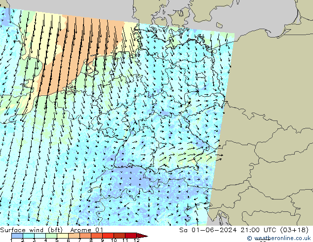wiatr 10 m (bft) Arome 01 so. 01.06.2024 21 UTC