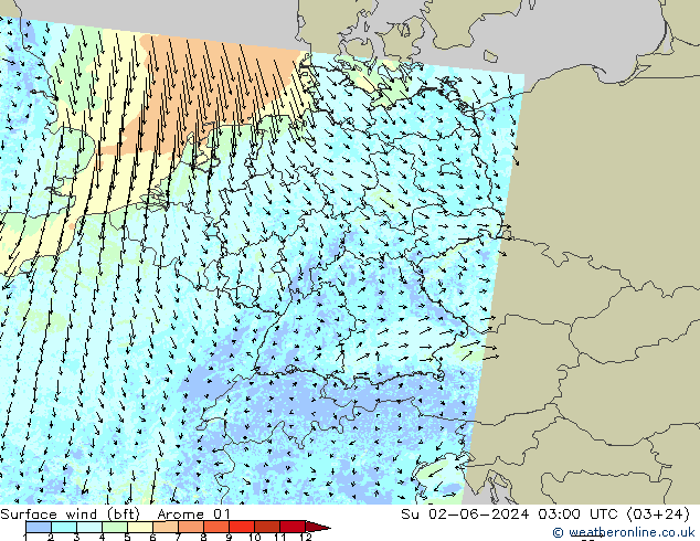 wiatr 10 m (bft) Arome 01 nie. 02.06.2024 03 UTC