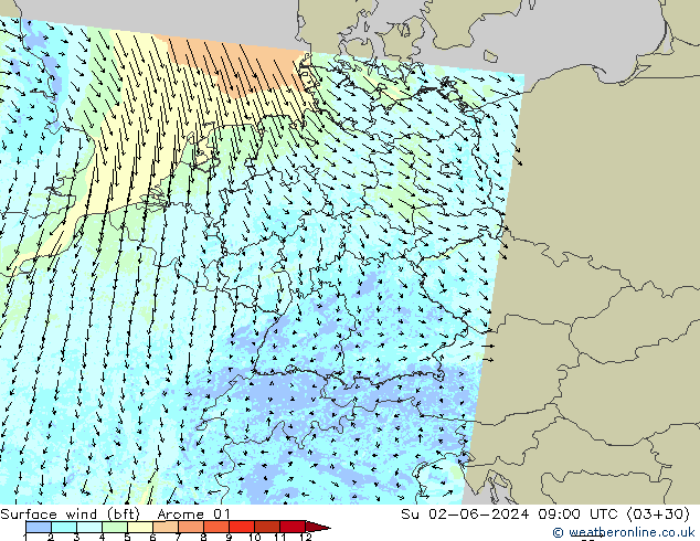 Wind 10 m (bft) Arome 01 zo 02.06.2024 09 UTC