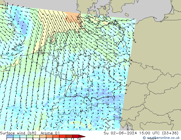 Bodenwind (bft) Arome 01 So 02.06.2024 15 UTC