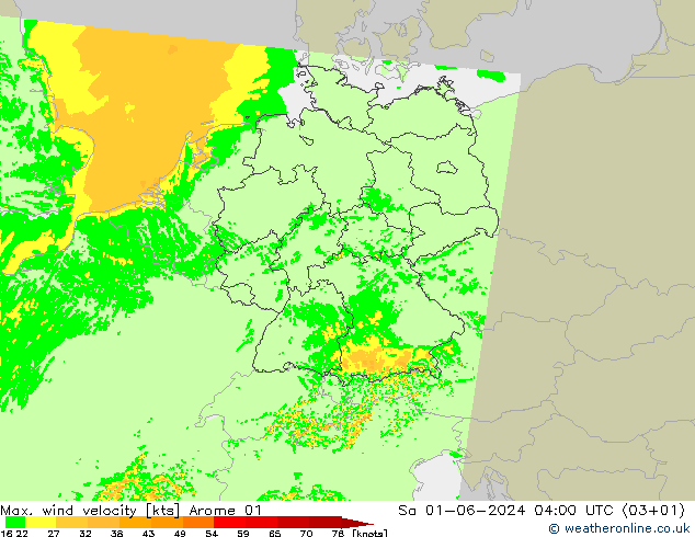 Max. wind velocity Arome 01 星期六 01.06.2024 04 UTC