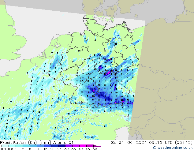 Precipitation (6h) Arome 01 Sa 01.06.2024 15 UTC