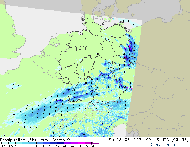 Yağış (6h) Arome 01 Paz 02.06.2024 15 UTC