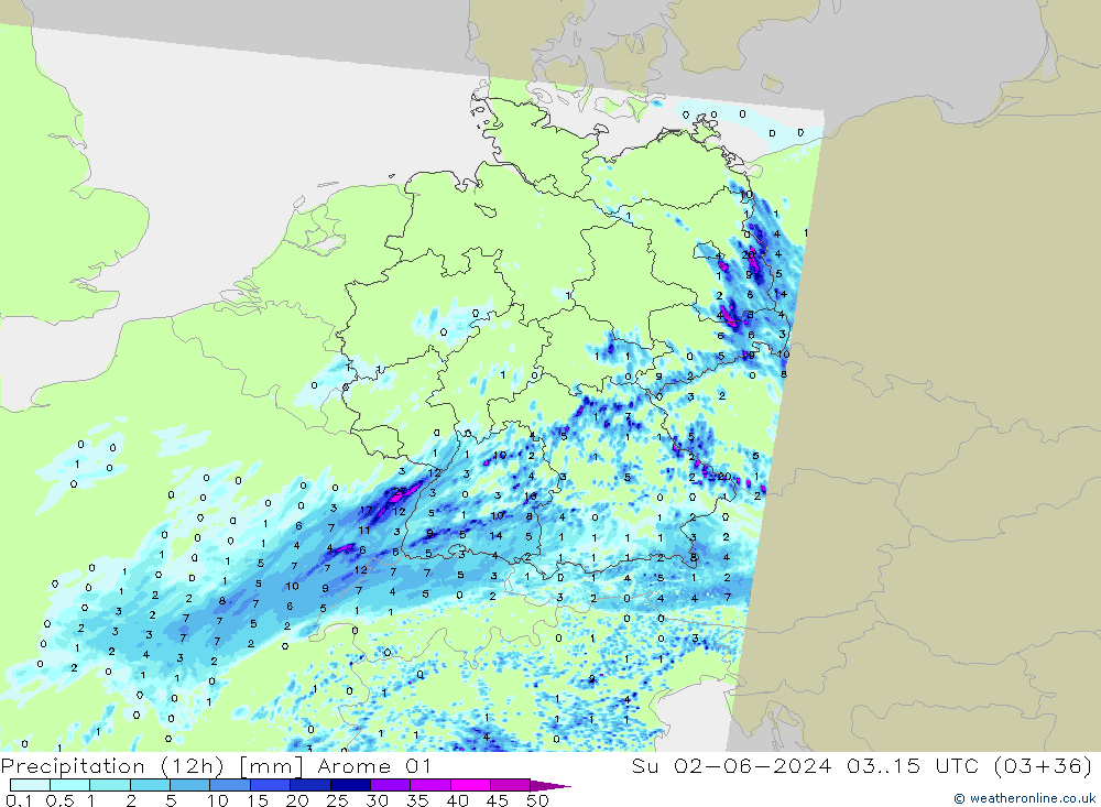 Precipitation (12h) Arome 01 Su 02.06.2024 15 UTC