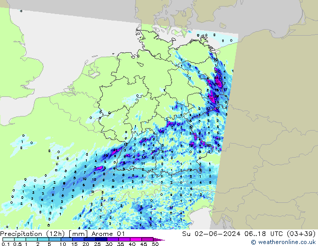 Precipitazione (12h) Arome 01 dom 02.06.2024 18 UTC