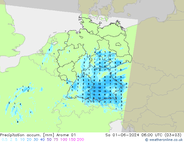 Totale neerslag Arome 01 za 01.06.2024 06 UTC