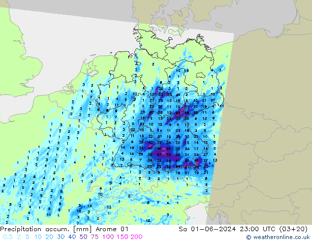 Precipitation accum. Arome 01 so. 01.06.2024 23 UTC