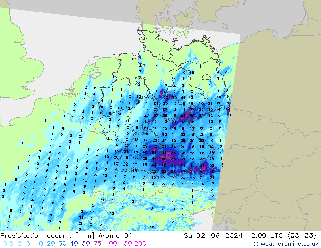 Toplam Yağış Arome 01 Paz 02.06.2024 12 UTC