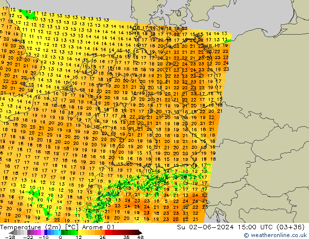 Sıcaklık Haritası (2m) Arome 01 Paz 02.06.2024 15 UTC
