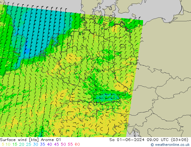 Wind 10 m Arome 01 za 01.06.2024 09 UTC