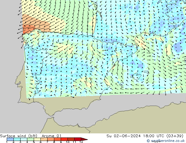 Surface wind (bft) Arome 01 Su 02.06.2024 18 UTC