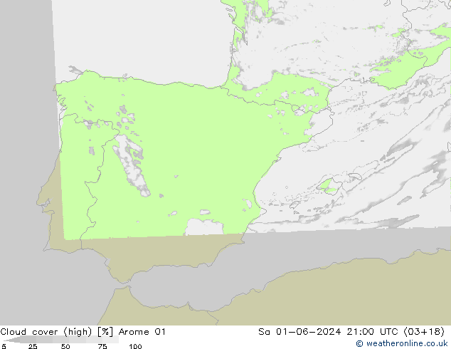 Cloud cover (high) Arome 01 Sa 01.06.2024 21 UTC
