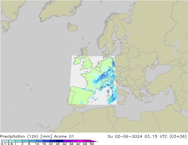Precipitation (12h) Arome 01 Su 02.06.2024 15 UTC
