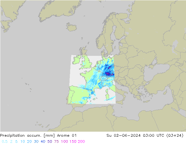 Precipitation accum. Arome 01 Su 02.06.2024 03 UTC