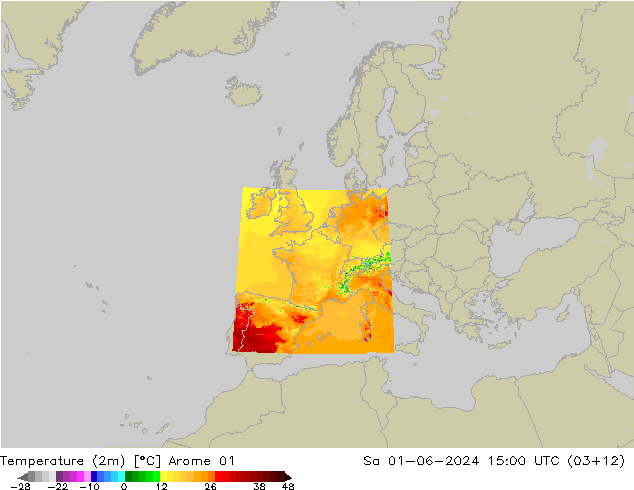 Temperatura (2m) Arome 01 sáb 01.06.2024 15 UTC