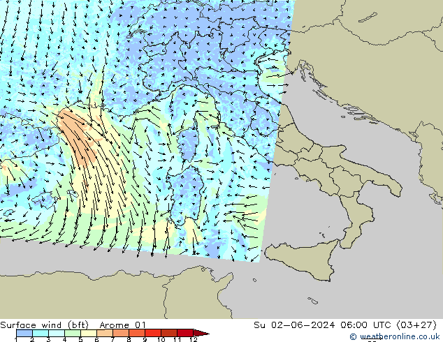 Surface wind (bft) Arome 01 Su 02.06.2024 06 UTC