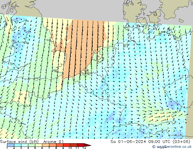 Bodenwind (bft) Arome 01 Sa 01.06.2024 09 UTC