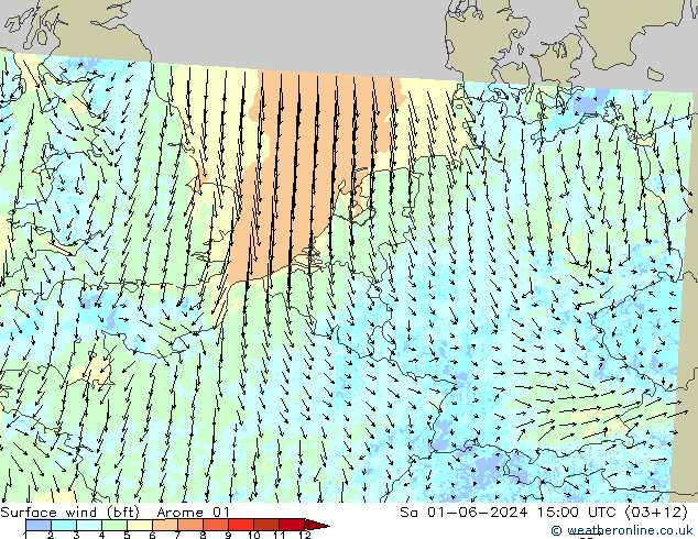 wiatr 10 m (bft) Arome 01 so. 01.06.2024 15 UTC