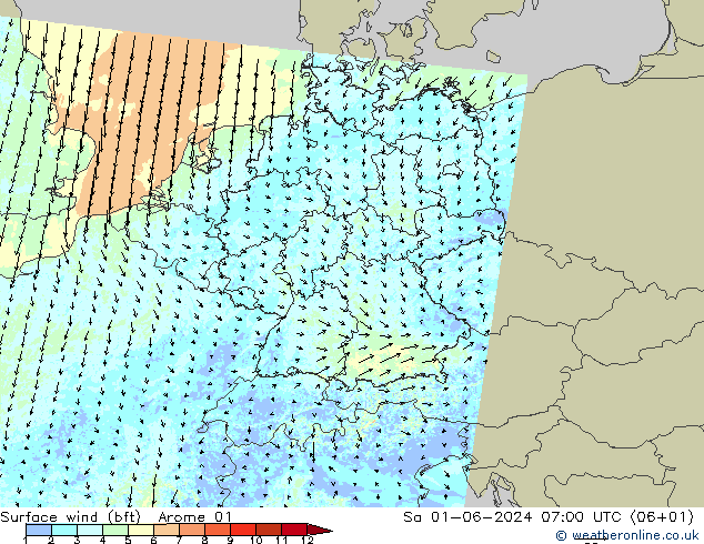 Surface wind (bft) Arome 01 So 01.06.2024 07 UTC