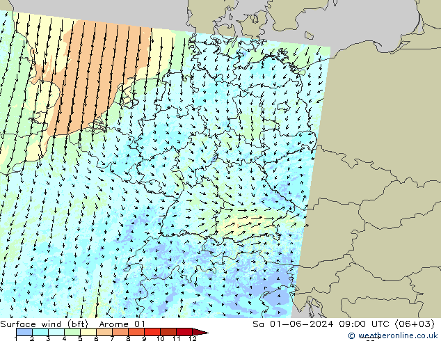 Wind 10 m (bft) Arome 01 za 01.06.2024 09 UTC
