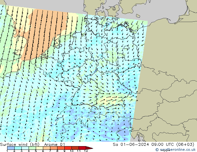 Vento 10 m (bft) Arome 01 Sáb 01.06.2024 09 UTC