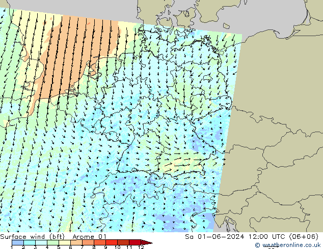 Wind 10 m (bft) Arome 01 za 01.06.2024 12 UTC