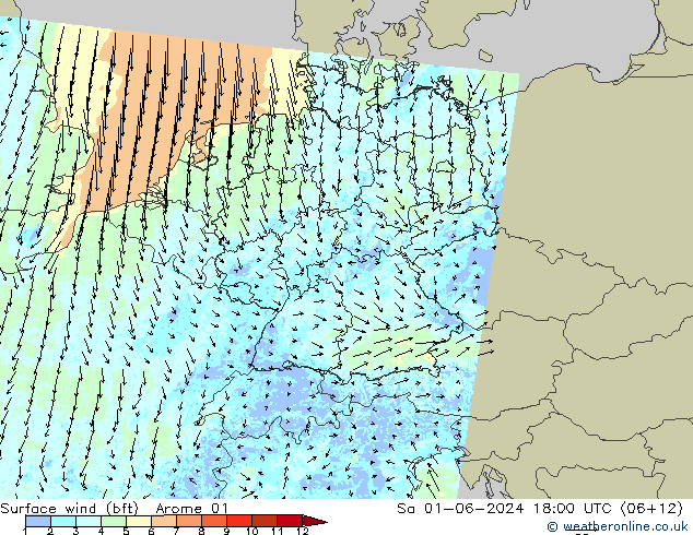 wiatr 10 m (bft) Arome 01 so. 01.06.2024 18 UTC