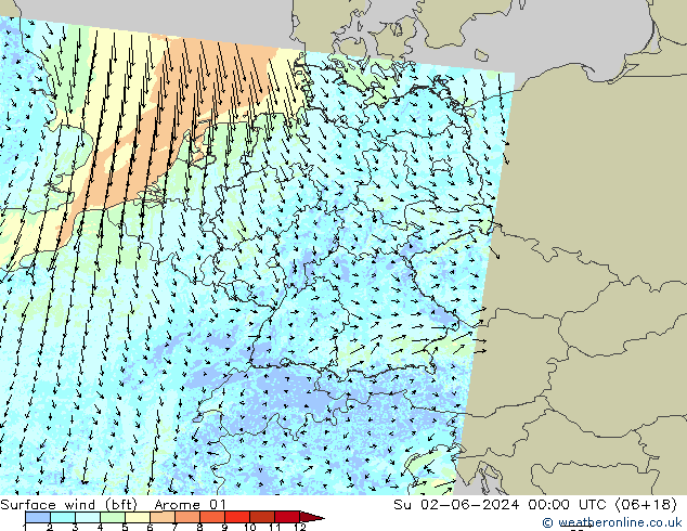 Bodenwind (bft) Arome 01 So 02.06.2024 00 UTC