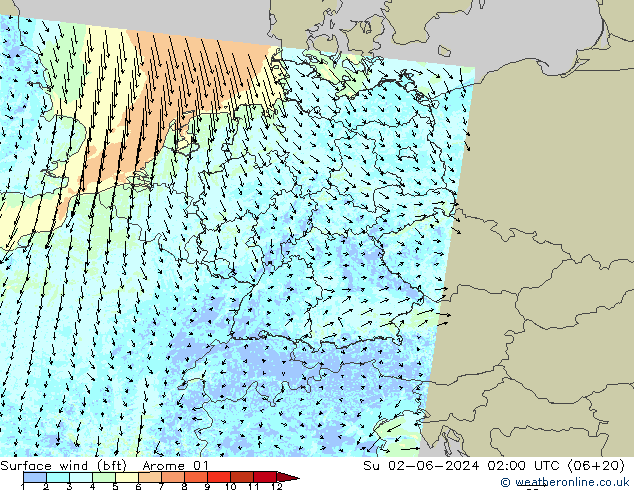 Wind 10 m (bft) Arome 01 zo 02.06.2024 02 UTC