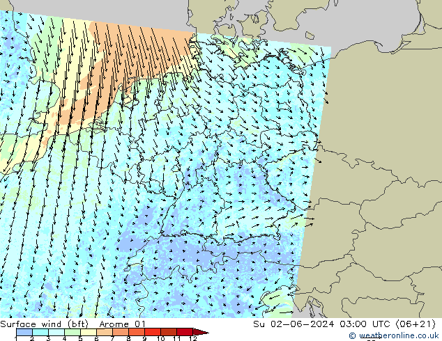 Vento 10 m (bft) Arome 01 Dom 02.06.2024 03 UTC