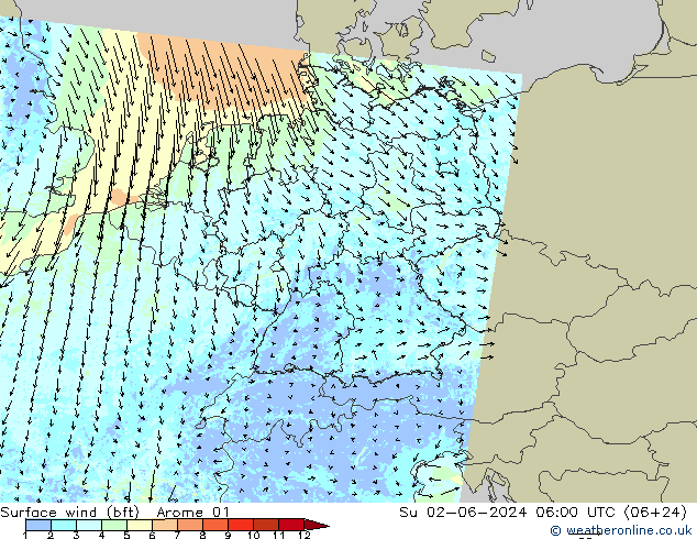 wiatr 10 m (bft) Arome 01 nie. 02.06.2024 06 UTC