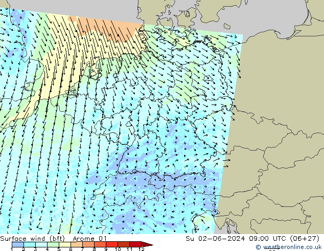 Rüzgar 10 m (bft) Arome 01 Paz 02.06.2024 09 UTC