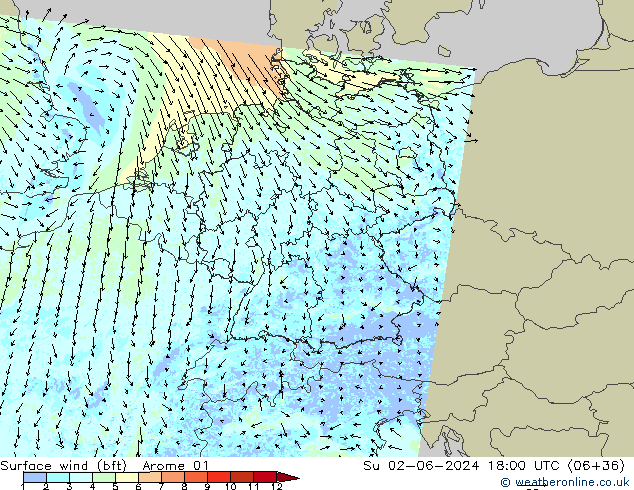 Wind 10 m (bft) Arome 01 zo 02.06.2024 18 UTC